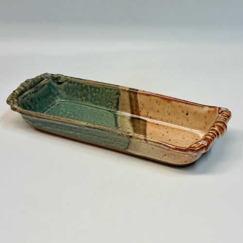 #230740 Cracker Dish  Green/Tan/Blk  $12 at Hunter Wolff Gallery